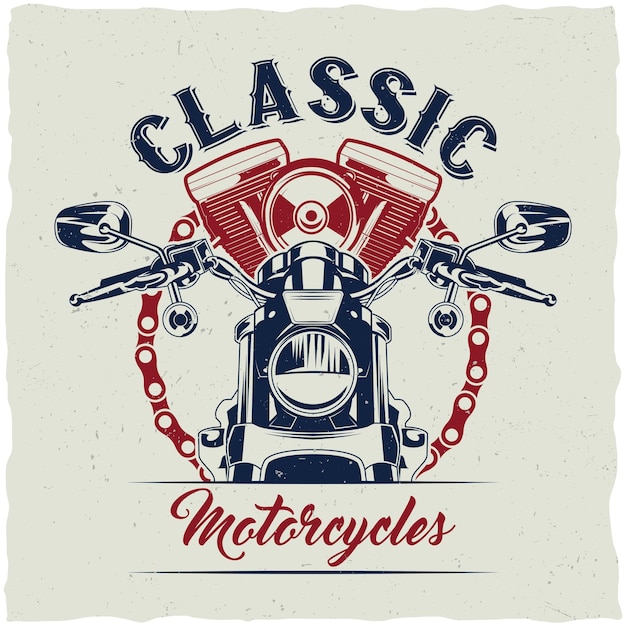 Free vector motorcycle t-shirt label design with illustration of classic motorcycle.