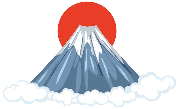 Mount Fuji with Red Sun in cartoon style isolated on white