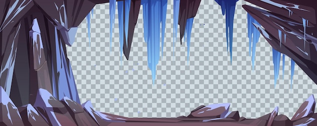 Free Vector mountain cave or stone arch with snow and icicles isolated on transparent background. vector template with cartoon stone frame, cavern or mine in rocks with hanging ice crystals