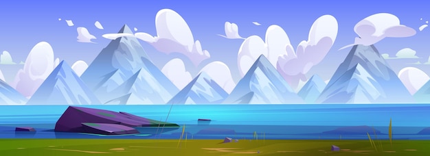 Free Vector mountain lake vector nature landscape background sea scenery and blue horizon cartoon beautiful travel panorama illustration green grass river shore valley abstract morning alps wallpaper