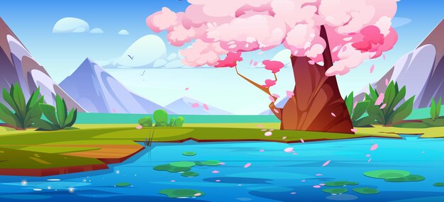 Mountain lake with old sakura tree on bank Vector cartoon illustration of asian natural background pink cherry blossom petals flying in air above blue river water Spring Japanese park birds in sky