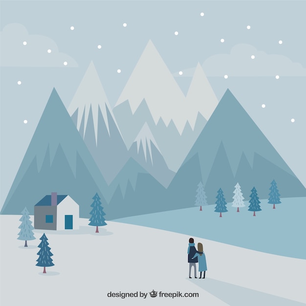 Free vector mountain landscape background with snow and couple