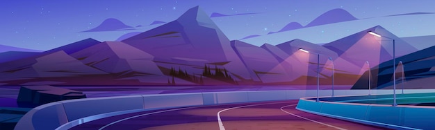 Free vector mountain landscape with car road, lake and trees