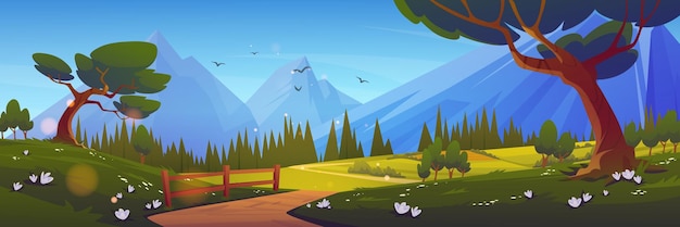 Free Vector mountain landscape with forest and meadow rural path and fence cartoon vector horizontal background with nature woods and hills fields walkway among green grass and flowers clear blue sky