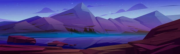 Free Vector mountain landscape with lake and trees on coast at night. vector cartoon illustration of northern nature scenery with white rocks, coniferous forest on river shore, fog above water and stars in sky