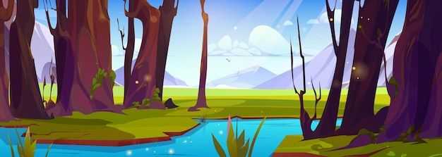 Mountain river flowing in forest Vector cartoon illustration of sunny spring weather green summer landscape with trees blue sky with sun beam stream or brook in valley beautiful nature