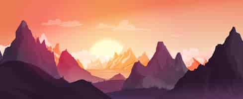 Free vector mountains landscape during sunset background with lake sunlit and dark peaks flat vector illustration