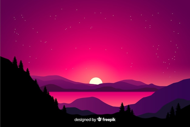 Free Vector mountains landscape with pink sky and mountains