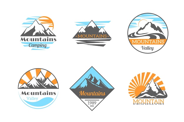 Free vector mountains  logo set. mountain rock outdoor camping. climbing, hiking travel and adventure badge