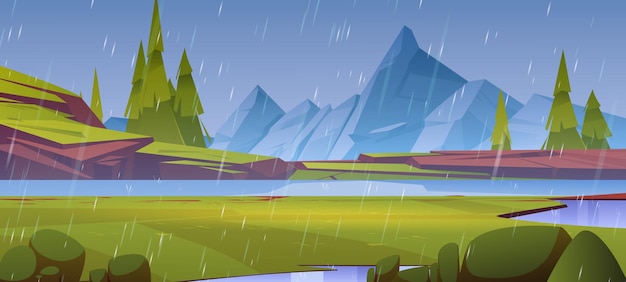 Free vector mountains pond or lake at rainy day nature landscape scenery rock peaks green grass field and water surface under rain fall from dull sky picturesque natural background cartoon vector illustration