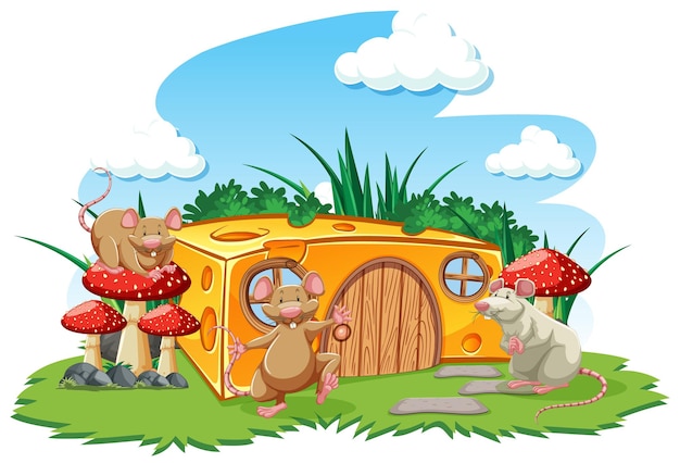 Free Vector mouses with cheese house in the garden cartoon style on sky background