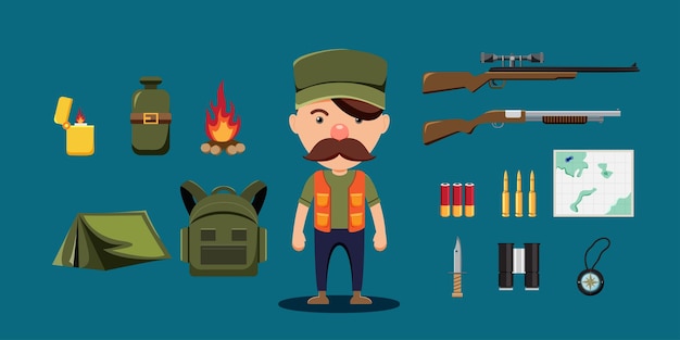 The moustache man with Hunter Equipment lighter bonfire flask map compass and weapon in cartoon style for graphic designer vector illustration