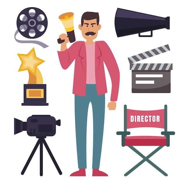 Free Vector movie director man with equipment for moviemaking set