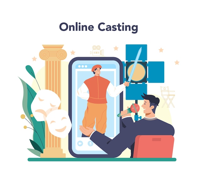 Movie director online service or platform Film director leading a filming process Professional multimedia equipment Online casting Flat vector illustration