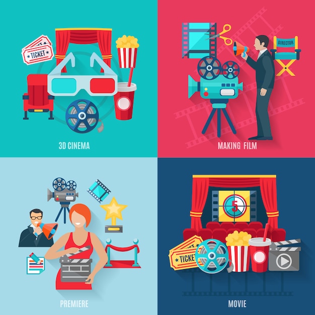 Free vector movie making and premiere icons set with 3d cinema film stars and director