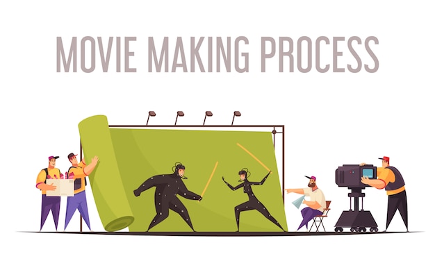 Free vector movie making process flat cartoon composition with film director and camera operator shooting fighting actors