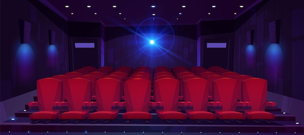 Movie theater hall with seat rows for audience and cinema projector