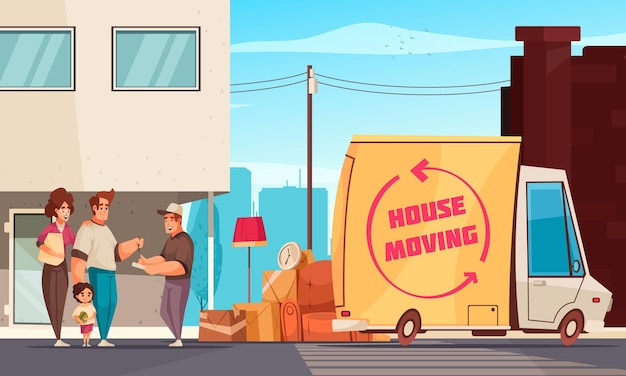 Free Vector moving into new apartment family and truck driver signing consignment note outdoor