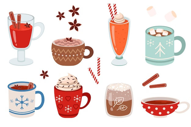 Free vector mugs with warm winter drinks flat vector illustrations set. cups of hot cocoa or chocolate, coffee with whipped cream and marshmallows on white background. christmas, autumn or winter holidays concept