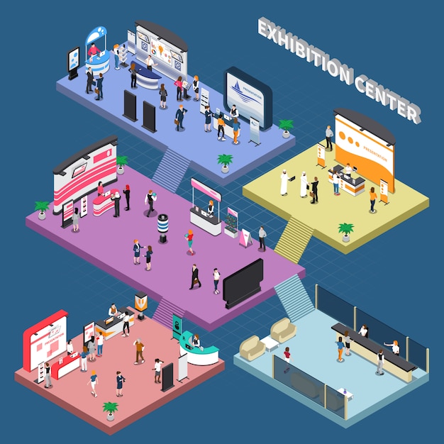 Multi storey exhibition center with corporate advertising stands and visitors isometric composition on blue