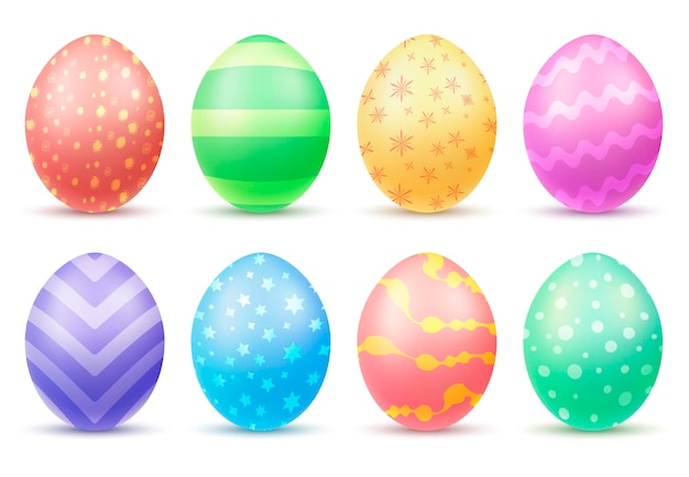 Free vector multicolored easter eggs painted in different colors and patterns realistic set isolated vector illustration