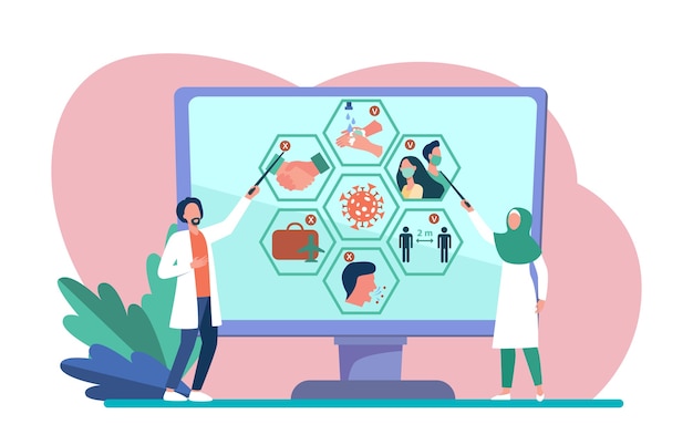 Multinational doctors presenting coronavirus infographics. Scientists, research result, social distance flat vector illustration. Epidemic, virus