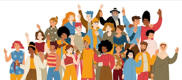 Multiracial group of happy people waving hand