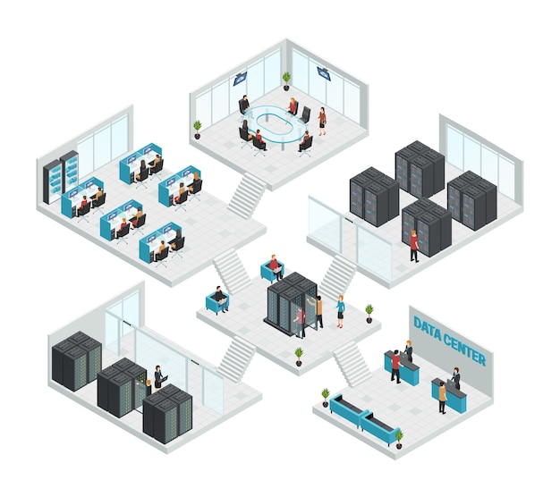 Free Vector multistore composition of six isometric datacenter rooms