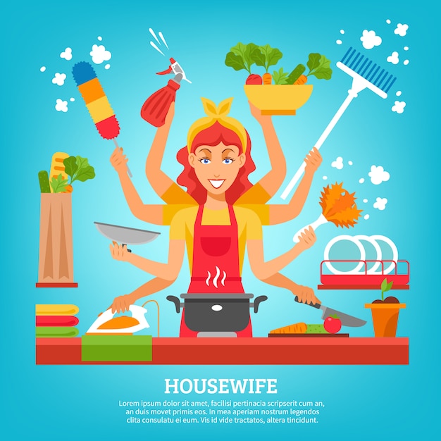 Free Vector multitasking housewife with eight hands