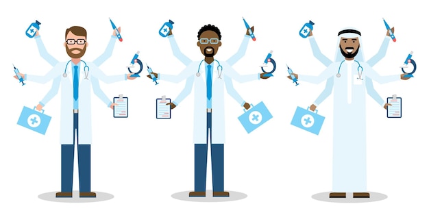 Free Vector multitasking six hands isolated doctors on white background workaholic talented and professional medical service