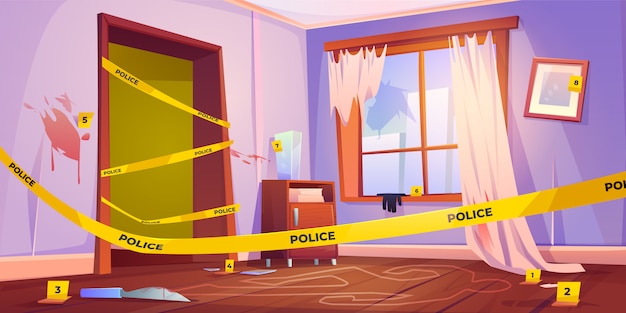 murder place fenced with yellow police tape illustration