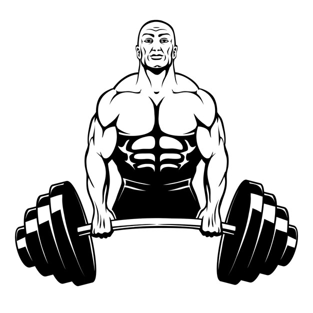 muscle man bodybuilder holding a large barbell with big weights