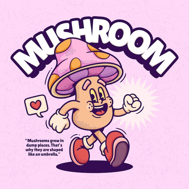 Mushroom Cute Trendy Retro Cartoon Vector Hand Drawn