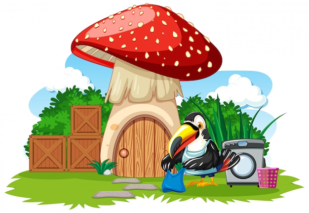 Free vector mushroom house with cute bird cartoon style on white background