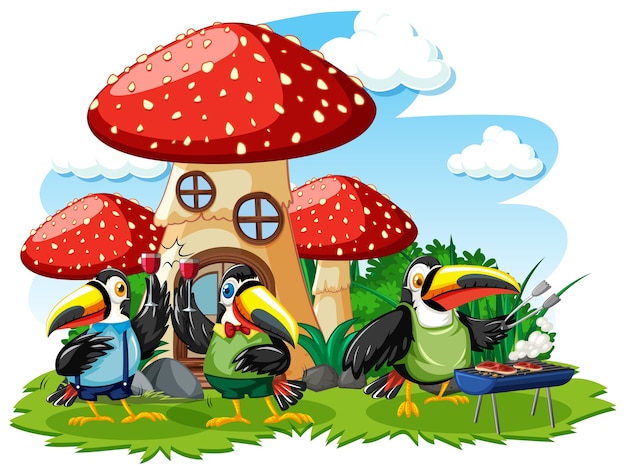 Mushroom house with three bird cartoon style on white background