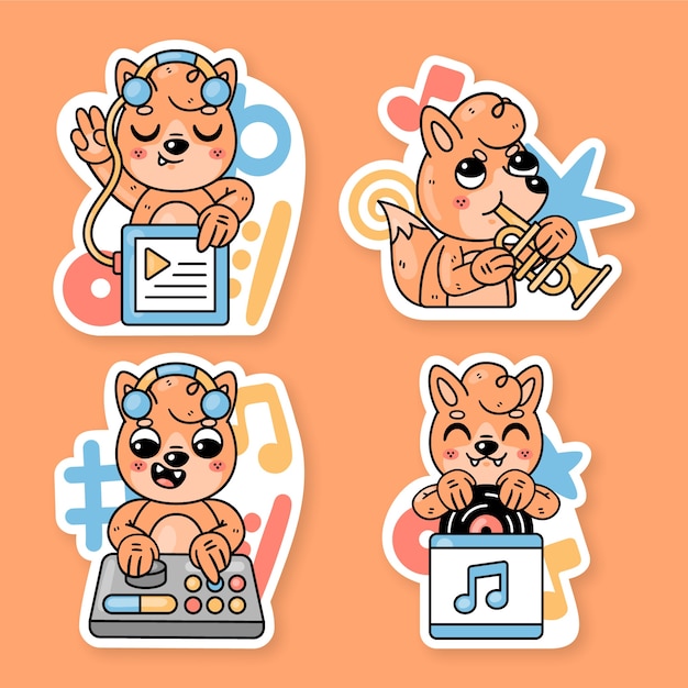 Free Vector music and dance stickers collection with fred the fox