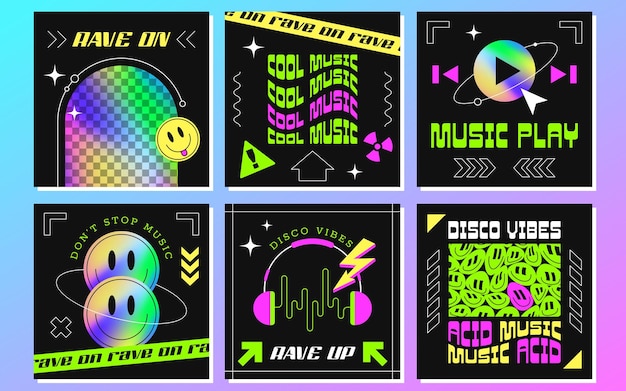 Free Vector music event social media posters templates with geometric shapes smiles and rainbow holographic gradient set of banners flyers in y2k style disco posters with neon copy space hologram elements