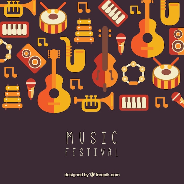 Music festival background with instruments in flat style