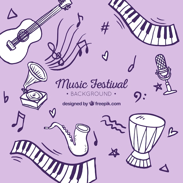 Free vector music festival background with instruments in hand drawn style