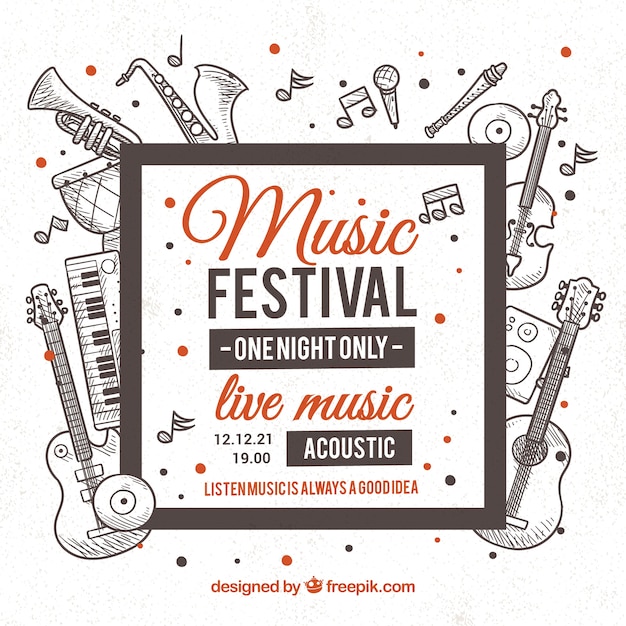 Free Vector music festival background with instruments in monolines