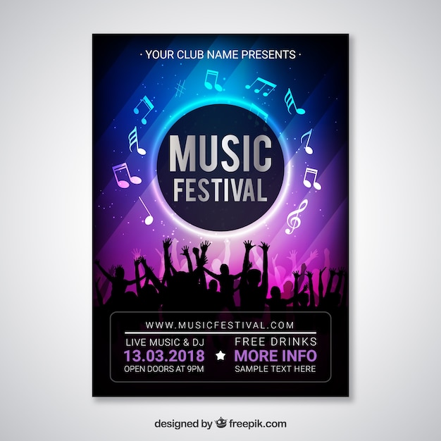 Music festival flyer template with crowd silhouette