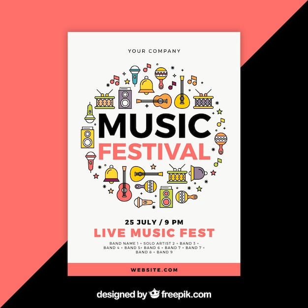 Music festival poster template with music instruments