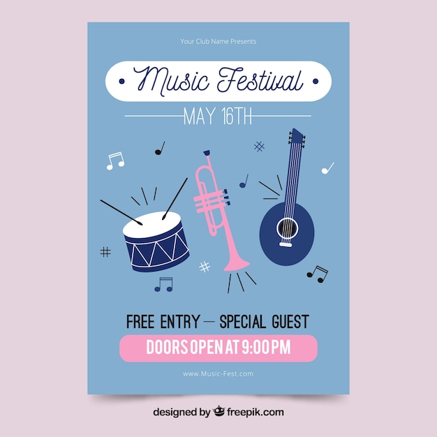 Free Vector music festival poster with instruments in flat style