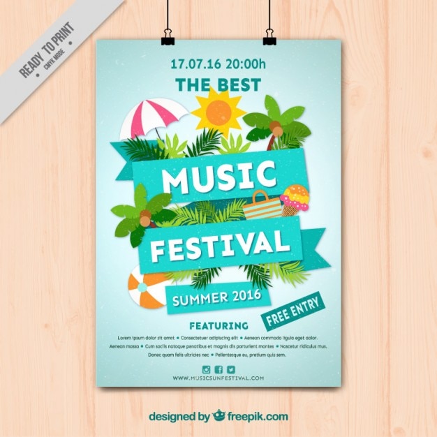 Free Vector music festival poster with summer elements