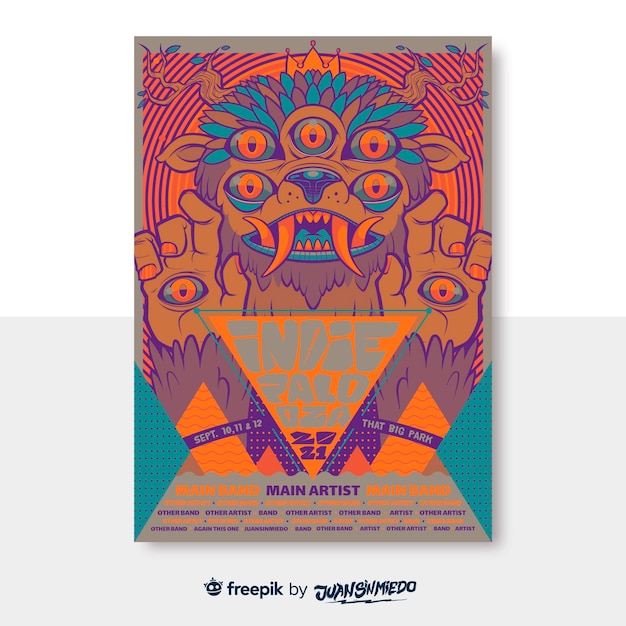 Music festival vertical poster template with creature