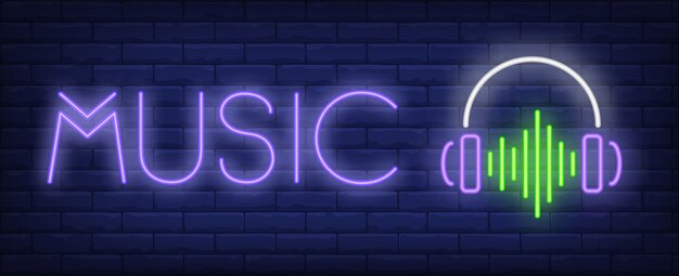 Music neon text with headphones and sound wave