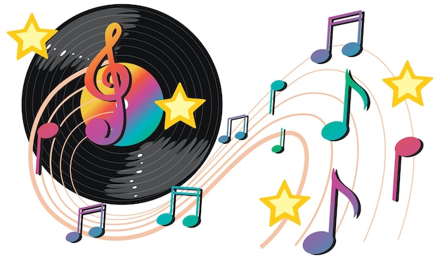 Free Vector music notes rainbow colourful with vinyl record on white backgro