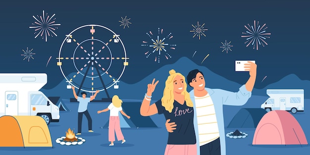 Free vector music open air festival concept with happy people watching fireworks flat vector illustration