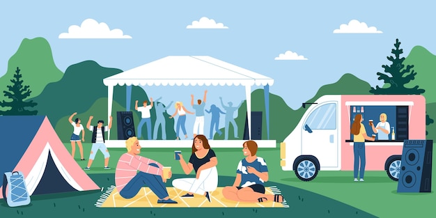 Free Vector music open air festival with young people relaxing and dancing outdoors flat vector illustration