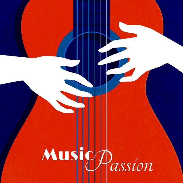 Music passion poster with red guitar silhouette on blue background and male hands on strings flat vector illustration 